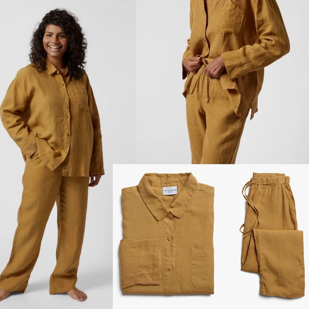 Parachute 100% Linen Oversized Shirt & Pants Ochre Yellow Matching Set Small EUC